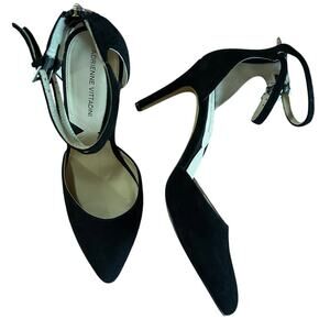 Adrienne Vittadini Black Leather Ankle Strap Heels 8M Pointed Toe Zip Back